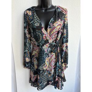 Takara Black Paisley Print Wrap Dress S Colorful Feminine Ruffles Long Sleeve